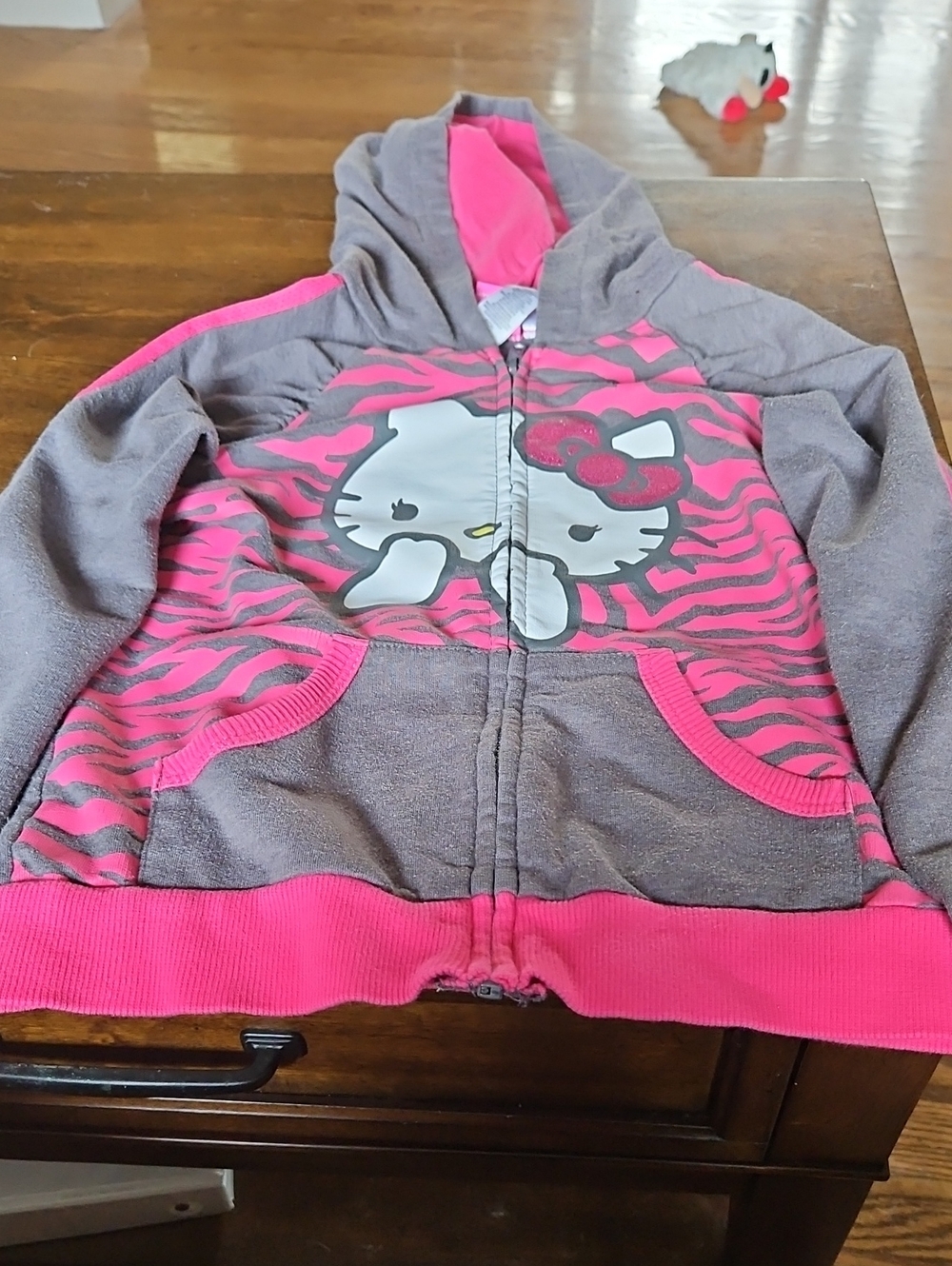 Hello Kitty Pink and Gray Girls' Zip-Up Hoodie with Zebra Print